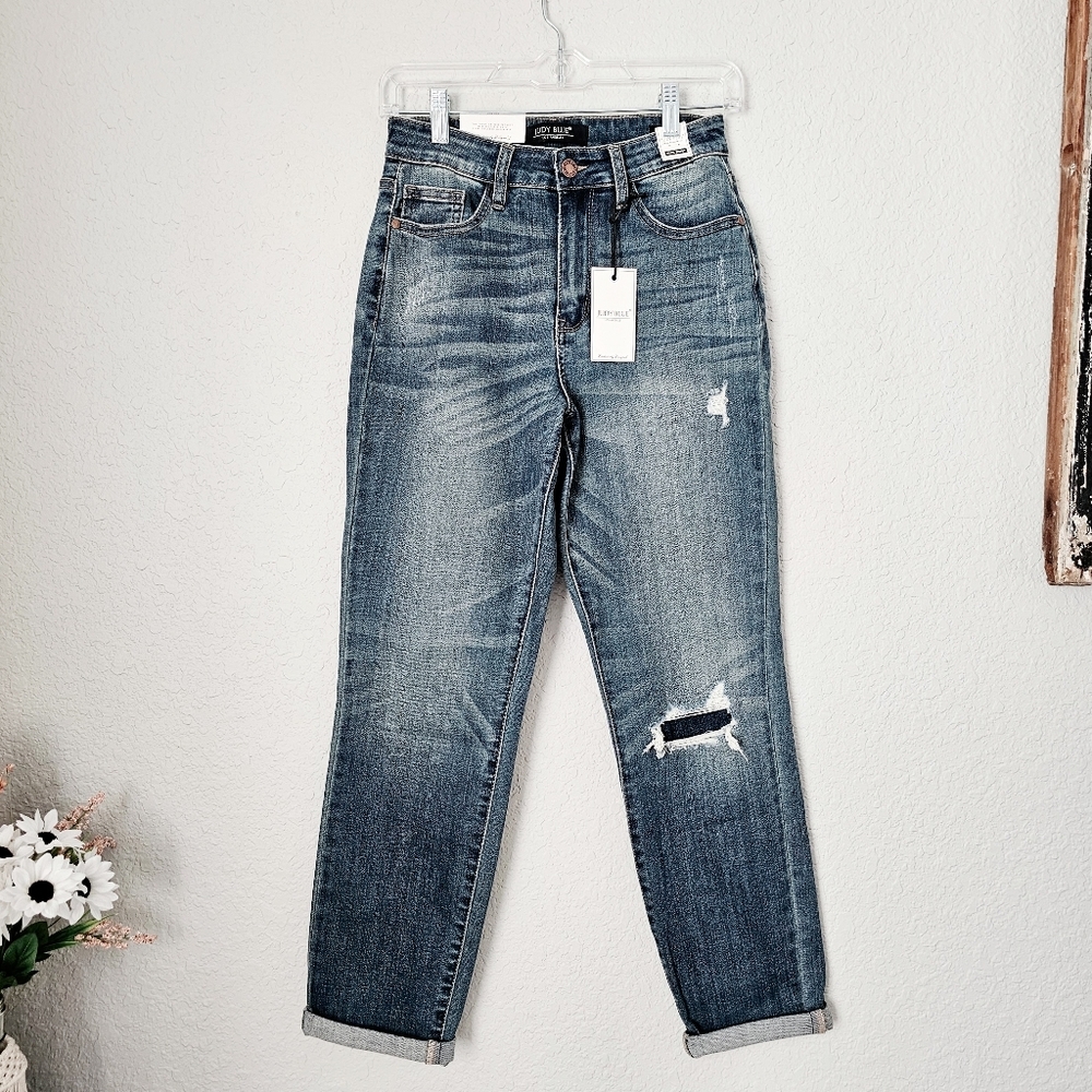 Judy Blue High Rise Patched Knee Boyfriend Jeans Size 0/24 - Picture 7 of 17